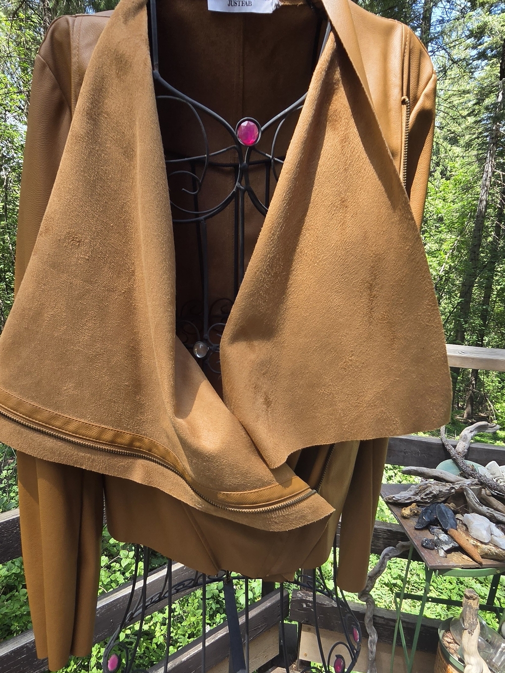 JustFab Cognac Brown/tan Faux Suede Draped Leather Jacket SzL